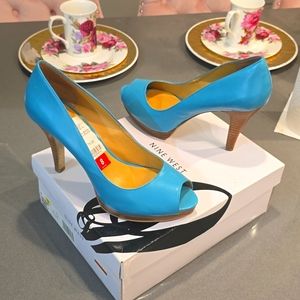 Teal leather peep toe heels